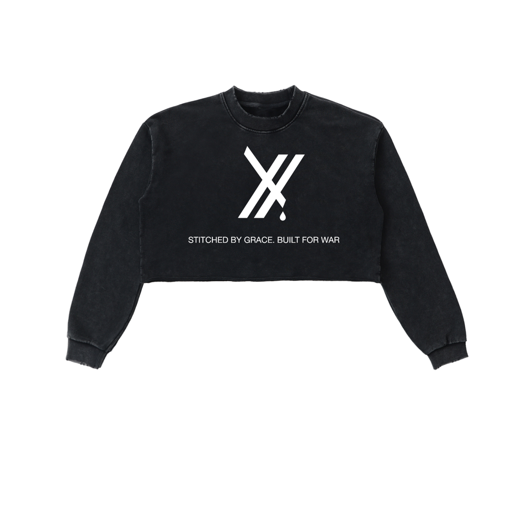 Saved By Grace. Built for War. Snow Washed Cropped Sweatshirt.