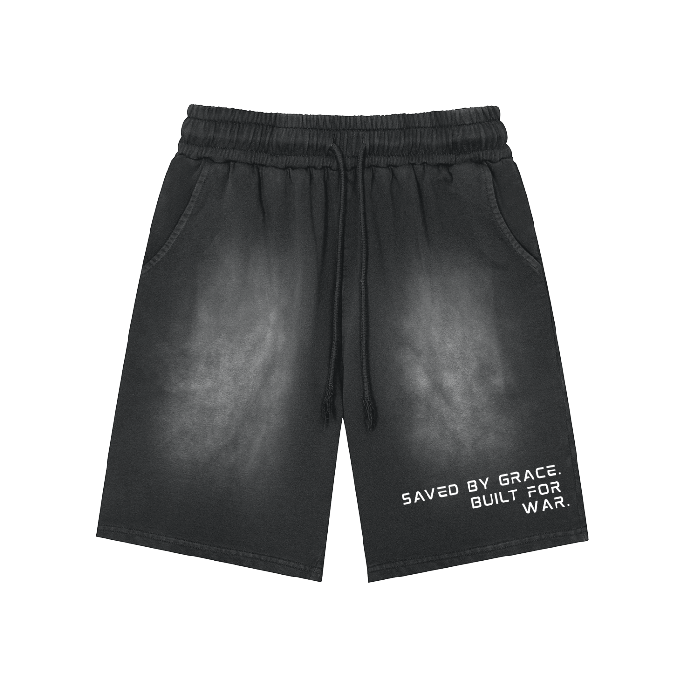 Saved By Grace. Built For War. Acid Washed Shorts